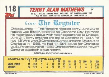 1992 Topps Major League Debut 1991 #118 Terry Mathews Back