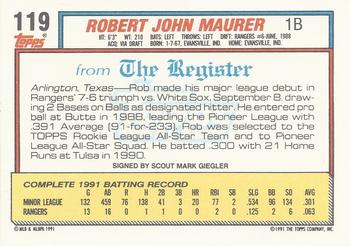 1992 Topps Major League Debut 1991 #119 Rob Maurer Back