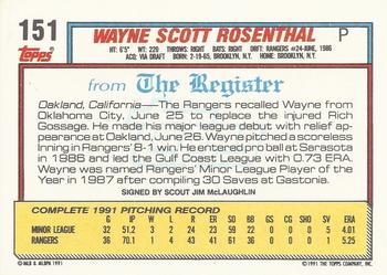 1992 Topps Major League Debut 1991 #151 Wayne Rosenthal Back