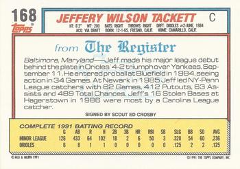 1992 Topps Major League Debut 1991 #168 Jeff Tackett Back