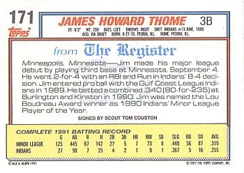 1992 Topps Major League Debut 1991 #171 Jim Thome Back