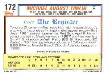 1992 Topps Major League Debut 1991 #172 Mike Timlin Back