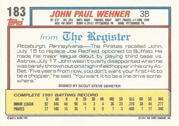 1992 Topps Major League Debut 1991 #183 John Wehner Back