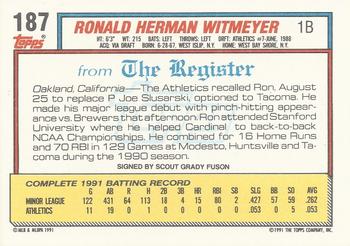 1992 Topps Major League Debut 1991 #187 Ron Witmeyer Back