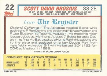 1992 Topps Major League Debut 1991 #22 Scott Brosius Back