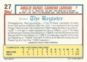 1992 Topps Major League Debut 1991 #27 Amalio Carreno Back