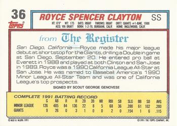 1992 Topps Major League Debut 1991 #36 Royce Clayton Back
