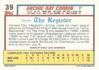 1992 Topps Major League Debut 1991 #39 Archie Corbin Back