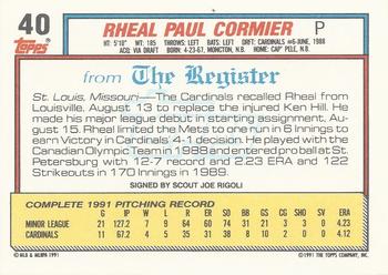 1992 Topps Major League Debut 1991 #40 Rheal Cormier Back