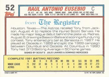 1992 Topps Major League Debut 1991 #52 Tony Eusebio Back
