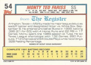1992 Topps Major League Debut 1991 #54 Monty Fariss Back