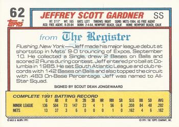 1992 Topps Major League Debut 1991 #62 Jeff Gardner Back