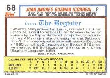 1992 Topps Major League Debut 1991 #68 Juan Guzman Back