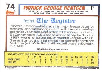 1992 Topps Major League Debut 1991 #74 Pat Hentgen Back
