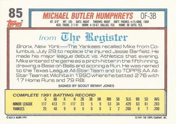 1992 Topps Major League Debut 1991 #85 Mike Humphreys Back