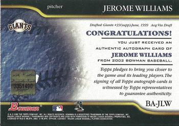 2002 Bowman - Autographs #BA-JLW Jerome Williams Back