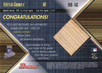 2002 Bowman - Game-Used Relics #BR-AG Alexis Gomez Back