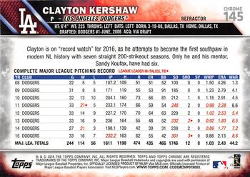 2016 Topps Chrome - Refractor #145 Clayton Kershaw Back