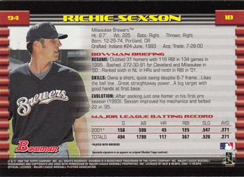 2002 Bowman - Gold #94 Richie Sexson  Back