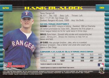 2002 Bowman - Gold #120 Hank Blalock  Back