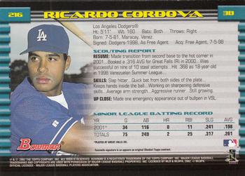 2002 Bowman - Gold #216 Ricardo Cordova  Back