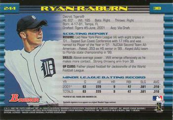 2002 Bowman - Gold #244 Ryan Raburn  Back