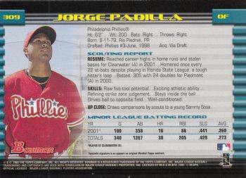2002 Bowman - Gold #309 Jorge Padilla  Back