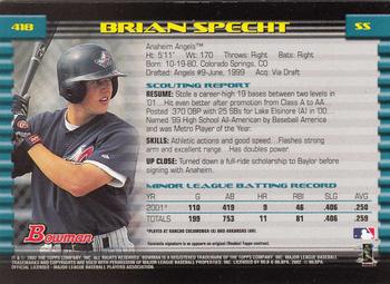 2002 Bowman - Gold #418 Brian Specht  Back