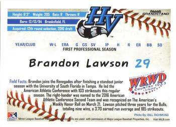 2016 Grandstand Hudson Valley Renegades #NNO Brandon Lawson Back