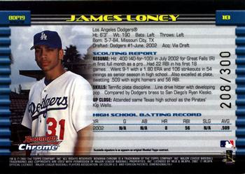 2002 Bowman Draft Picks & Prospects - Chrome Refractors #BDP19 James Loney  Back