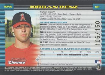 2002 Bowman Draft Picks & Prospects - Chrome X-Fractors #BDP96 Jordan Renz  Back