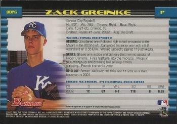 2002 Bowman Draft Picks & Prospects - Gold #BDP6 Zack Greinke  Back