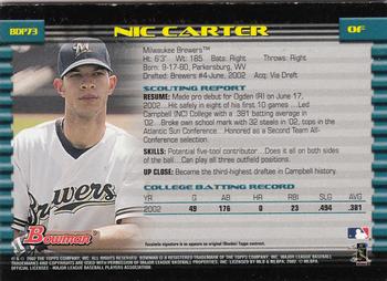 2002 Bowman Draft Picks & Prospects - Gold #BDP73 Nic Carter  Back