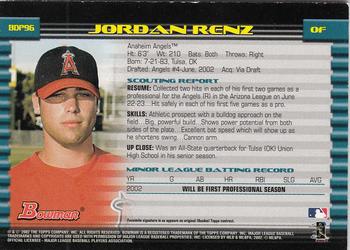 2002 Bowman Draft Picks & Prospects - Gold #BDP96 Jordan Renz  Back