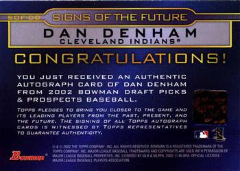 2002 Bowman Draft Picks & Prospects - Signs of the Future #SOF-DD Dan Denham Back