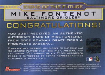 2002 Bowman Draft Picks & Prospects - Signs of the Future #SOF-MF Mike Fontenot Back