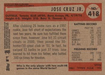 2002 Bowman Heritage - Black Box #418 Jose Cruz Jr.  Back