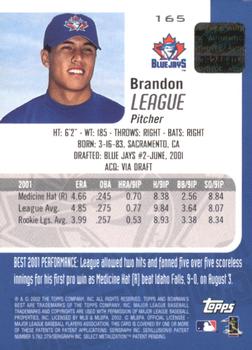 2002 Bowman's Best - Blue #165 Brandon League Back