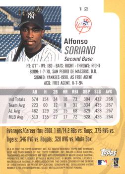 2002 Bowman's Best - Gold #12 Alfonso Soriano  Back