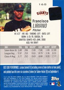 2002 Bowman's Best - Gold #168 Francisco Liriano Back
