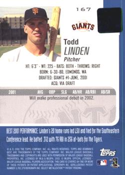 2002 Bowman's Best - Red #167 Todd Linden Back