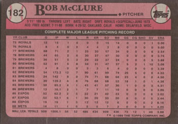 1989 Topps #182 Bob McClure Back