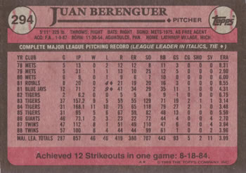 1989 Topps #294 Juan Berenguer Back