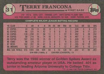 1989 Topps #31 Terry Francona Back