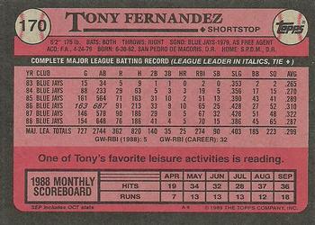1989 Topps #170 Tony Fernandez Back