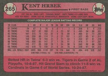 1989 Topps #265 Kent Hrbek Back