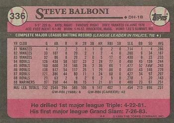 1989 Topps #336 Steve Balboni Back