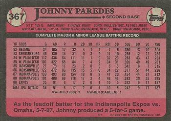 1989 Topps #367 Johnny Paredes Back