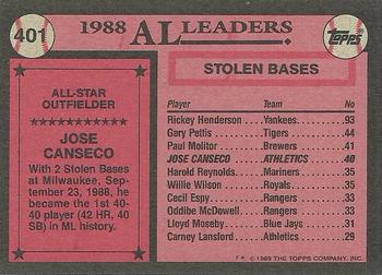1989 Topps #401 Jose Canseco Back