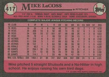 1989 Topps #417 Mike LaCoss Back